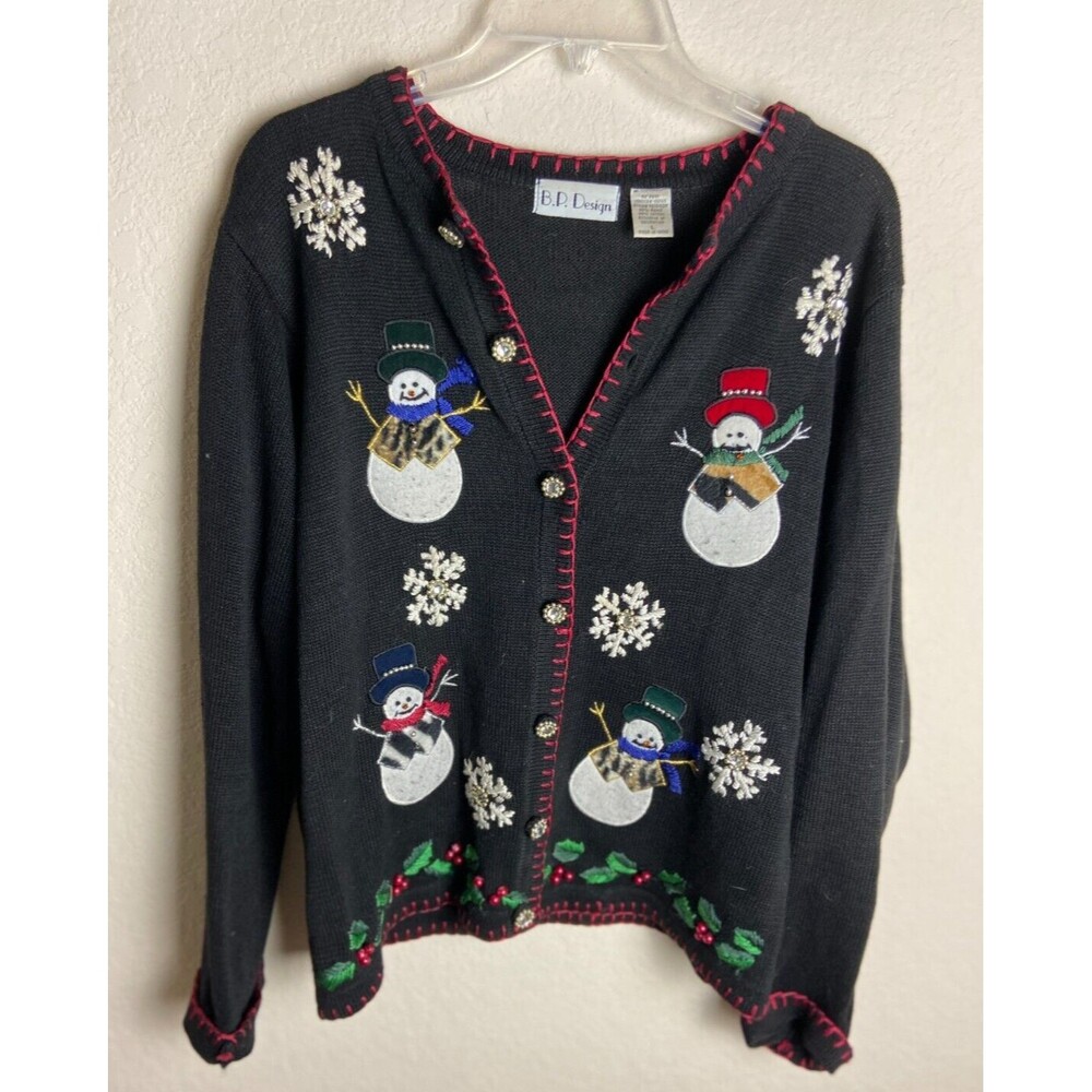 B.P. Design Womens Knit Holiday Sweater Black Size L Button Long Sleeve Snowman
